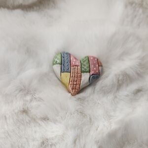 Pink and Green Heart Brooch with Whimsical Cityscape